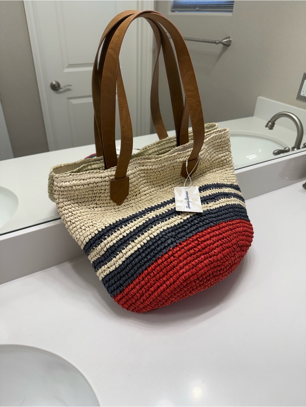 Tommy Bahama Red, Navy & Cream Woven Tote with Brown Straps NWT